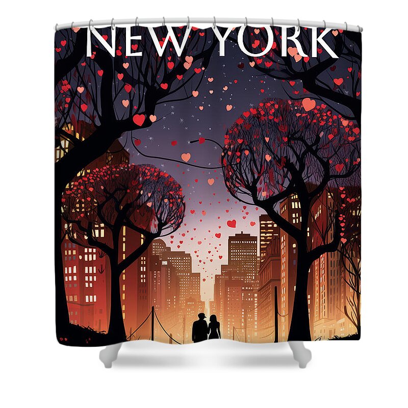 New Yorker Magazine Shower Curtain featuring the painting Love in the City by Land of Dreams