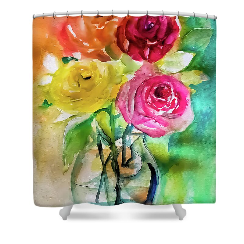 Roses Shower Curtain featuring the painting Lovely Colorful Roses In A Glass Vase by Lisa Kaiser