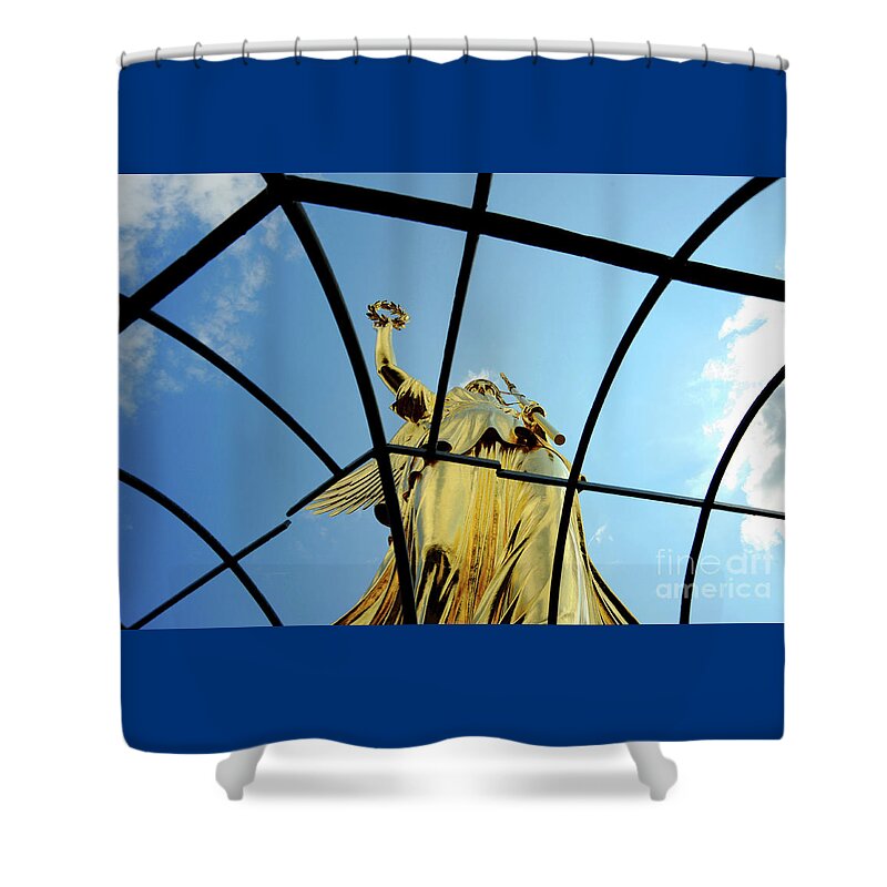 Architecture Shower Curtain featuring the photograph Low angled view of the gold statue Goldelse high above inside the Victory Column. by Gunther Allen