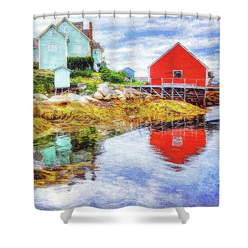 Low Tide Shower Curtain featuring the mixed media Low tide at Peggy's Cove by Tatiana Travelways