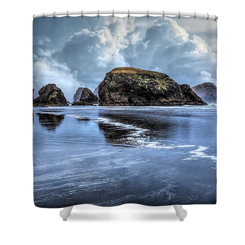 Clouds Shower Curtain featuring the photograph Low Tide at the Pacific Seastacks by Debra and Dave Vanderlaan