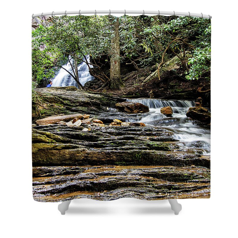 Waterfall Shower Curtain featuring the photograph Lower Cascades Waterfall in Hanging Rock North Carolina State Park by Bob Decker