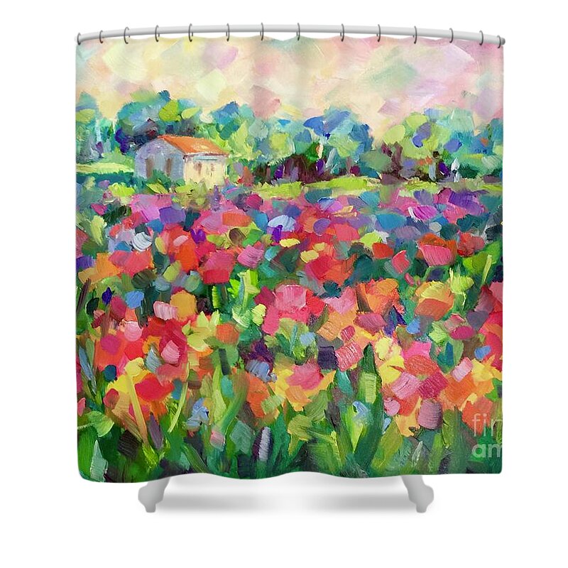 Flowers Fields France Provence Poppies Farmhouse Luberon Valley French Landscape Shower Curtain featuring the painting Luberon Valley by Patsy Walton