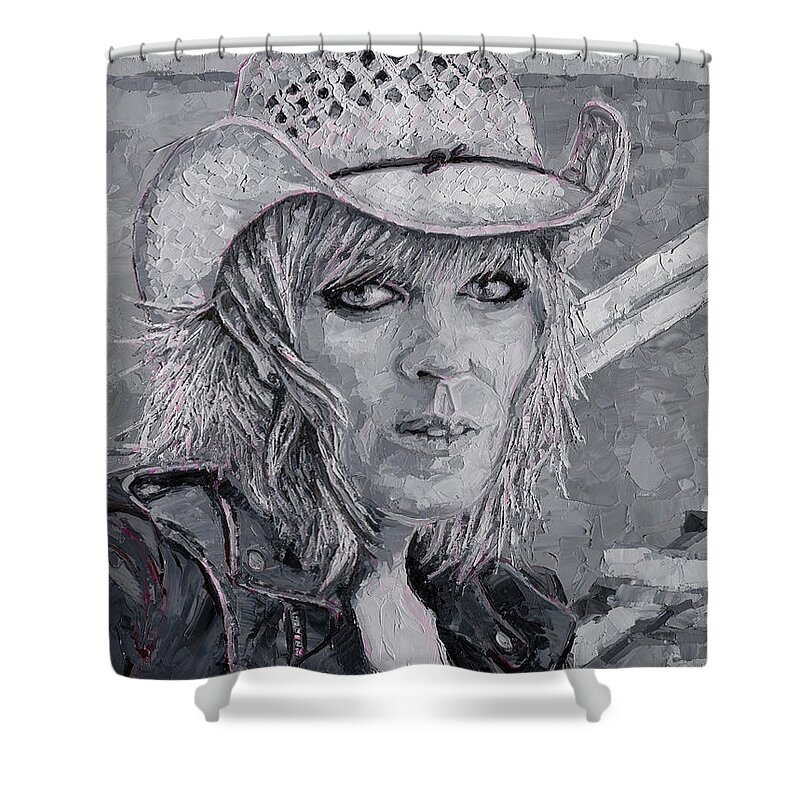 Lucinda Shower Curtain featuring the painting Lucinda Williams, 2020 by PJ Kirk
