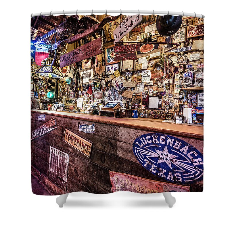 Dark Shower Curtain featuring the photograph Luckenbach Bar by Andy Crawford