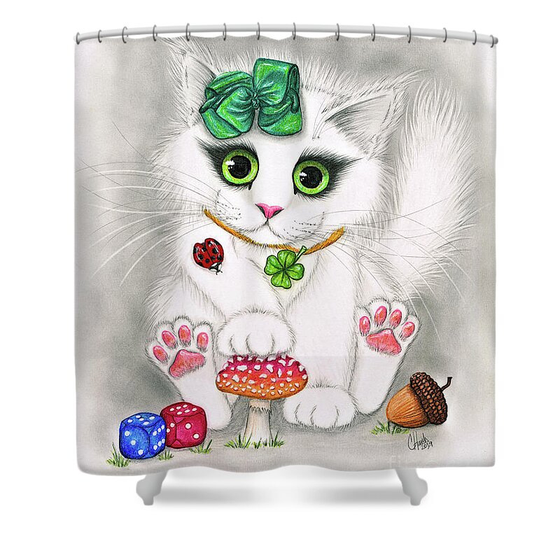 Cute Kitten Shower Curtain featuring the painting Lucky Cat - White Kitten Good Luck Charms by Carrie Hawks
