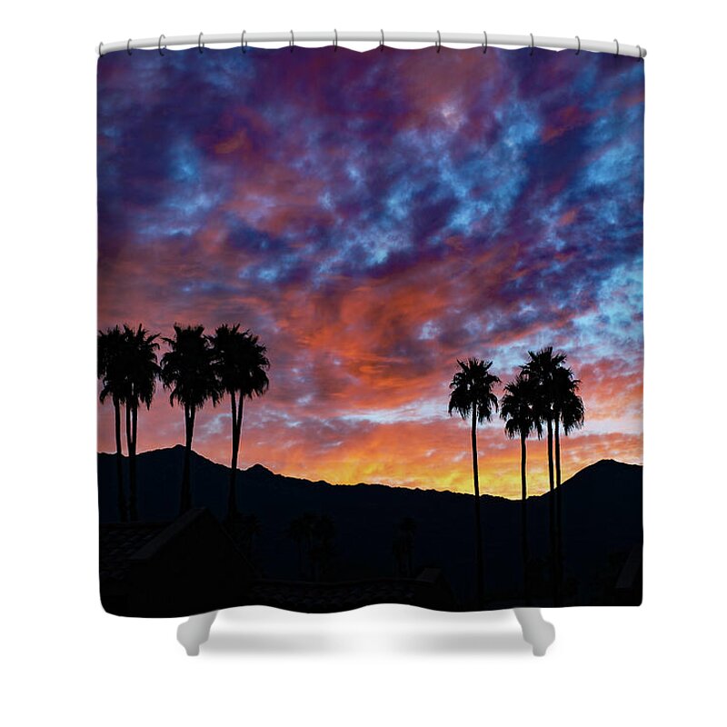 Sunset Shower Curtain featuring the photograph Luminous Desert Sunset Skies Behind Palm Trees, Palm Desert California by Bonnie Colgan