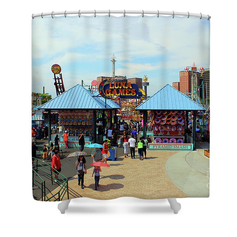 Fun Shower Curtain featuring the photograph Luna Games of Coney Island by Doc Braham