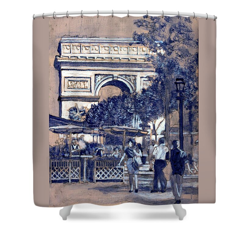 People Walking Shower Curtain featuring the drawing Lunch on the Champs Elysees by David Zimmerman