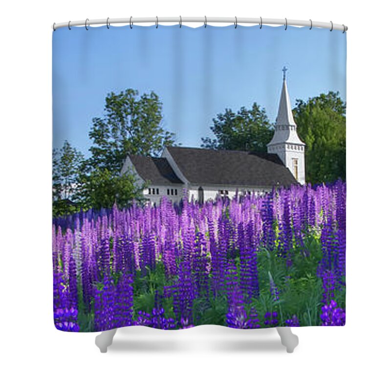 St Shower Curtain featuring the photograph Lupine Church Panorama by White Mountain Images
