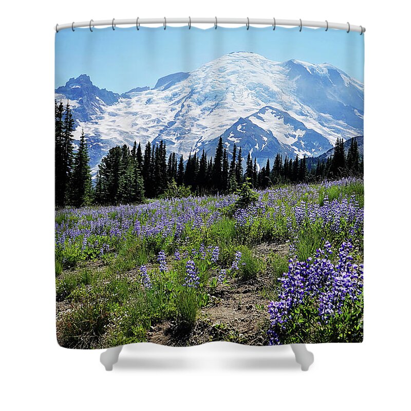 Rainier Shower Curtain featuring the photograph lupine fields at Rainier by Sylvia Cook