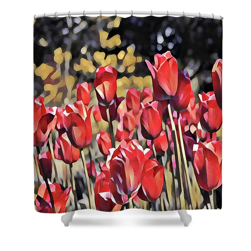 Floral Painting Shower Curtain featuring the digital art Luscious Red Tulips by Mary Gaines