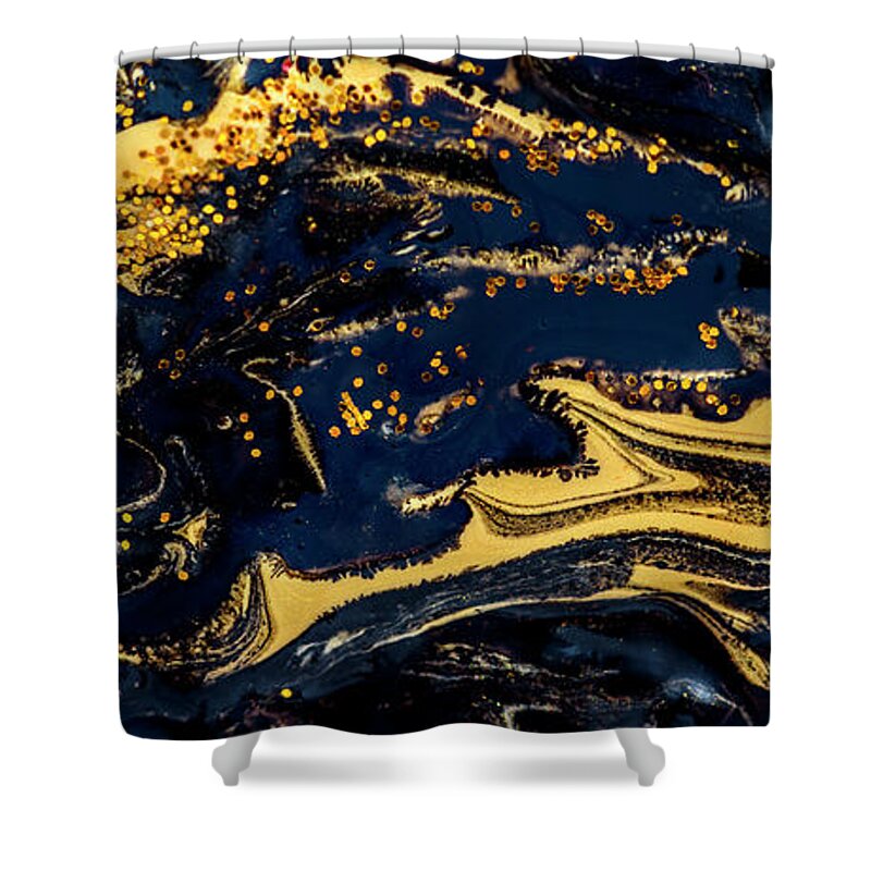 Paint Shower Curtain featuring the painting Luxury abstract design with gold and black by Jelena Jovanovic