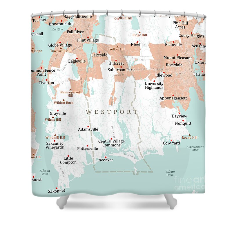 Massachusetts Shower Curtain featuring the digital art MA Bristol Westport Vector Road Map by Frank Ramspott