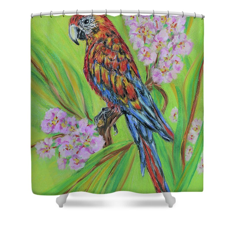 Macaw Shower Curtain featuring the pastel Macaw In Flowers by Olga Hamilton