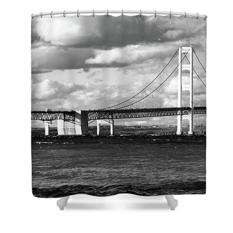 Mackinac Bridge Shower Curtain featuring the photograph Mackinac Bridge Panorama BW by Bill Swartwout