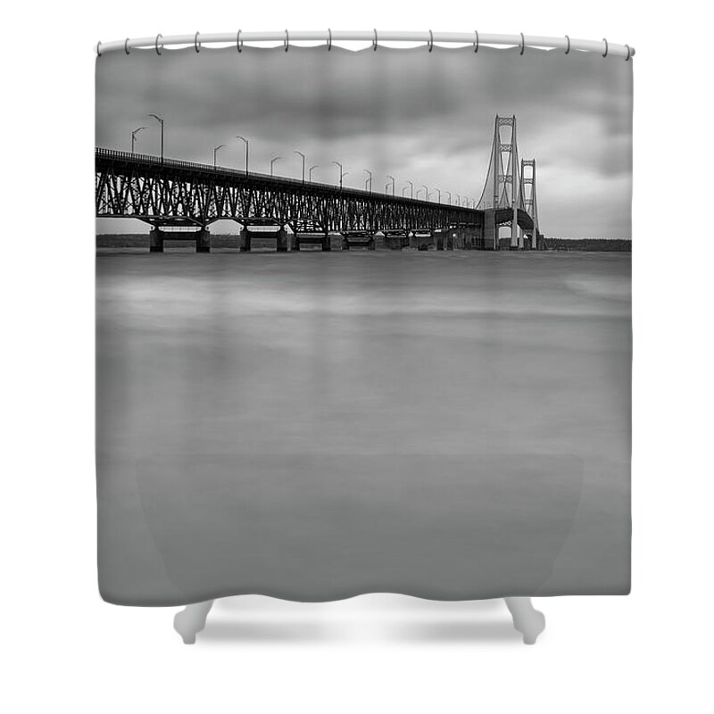 Black And White Shower Curtain featuring the photograph Mackinac Bridge Quiet by Jonathan Davison