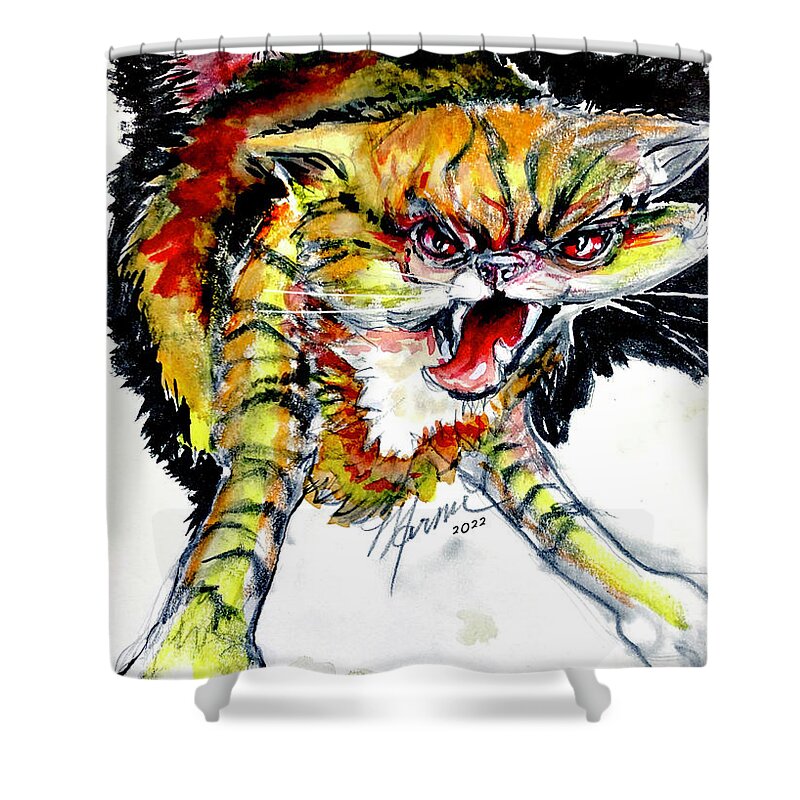 Cat Shower Curtain featuring the drawing Mad Cat by Marnie Clark