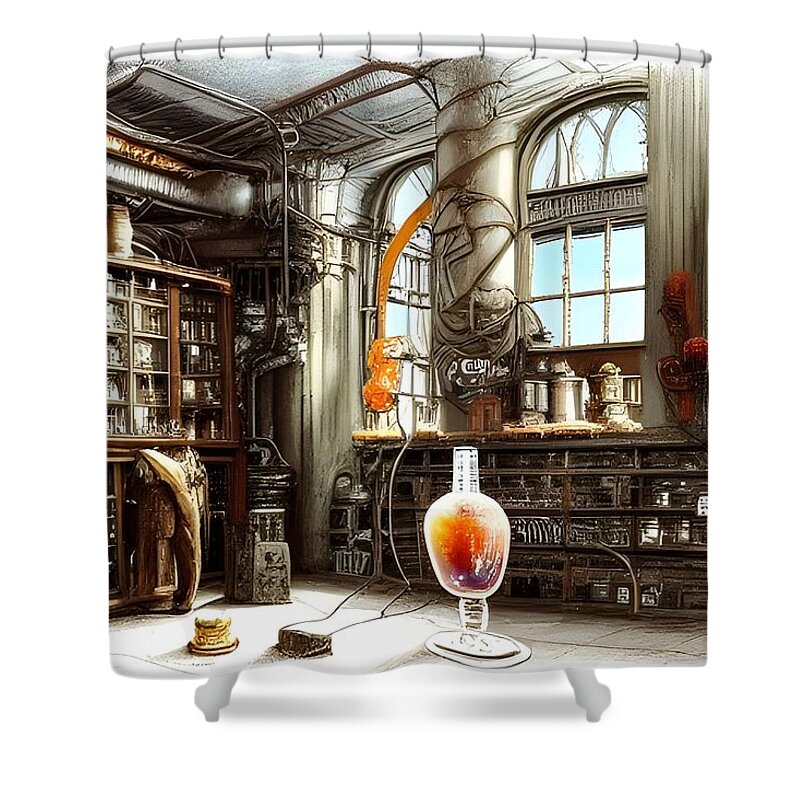 Experiment Background Shower Curtain featuring the digital art Mad Scientist Lab Library by Annalisa Rivera-Franz