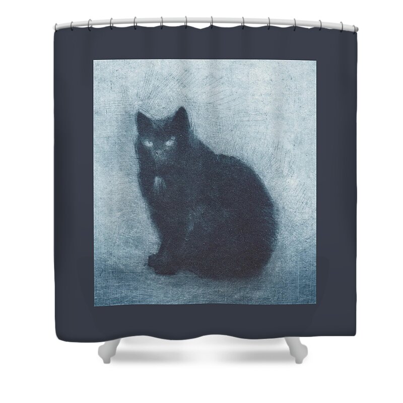 Cat Shower Curtain featuring the drawing Madame Escudier - etching - cropped version by David Ladmore