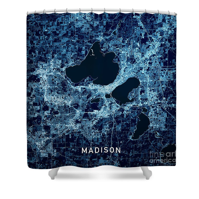 Madison Shower Curtain featuring the digital art Madison Wisconsin 3D Render Map Blue Top View Sept 2018 by Frank Ramspott