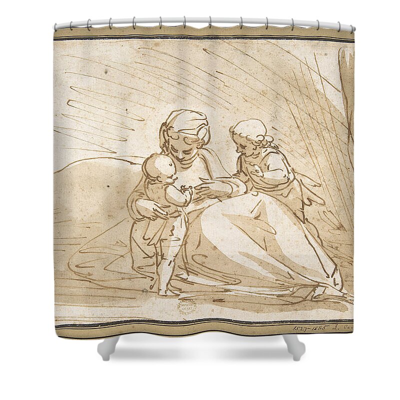 Luca Cambiaso Shower Curtain featuring the drawing Madonna and Child with the Infant Saint John by Luca Cambiaso