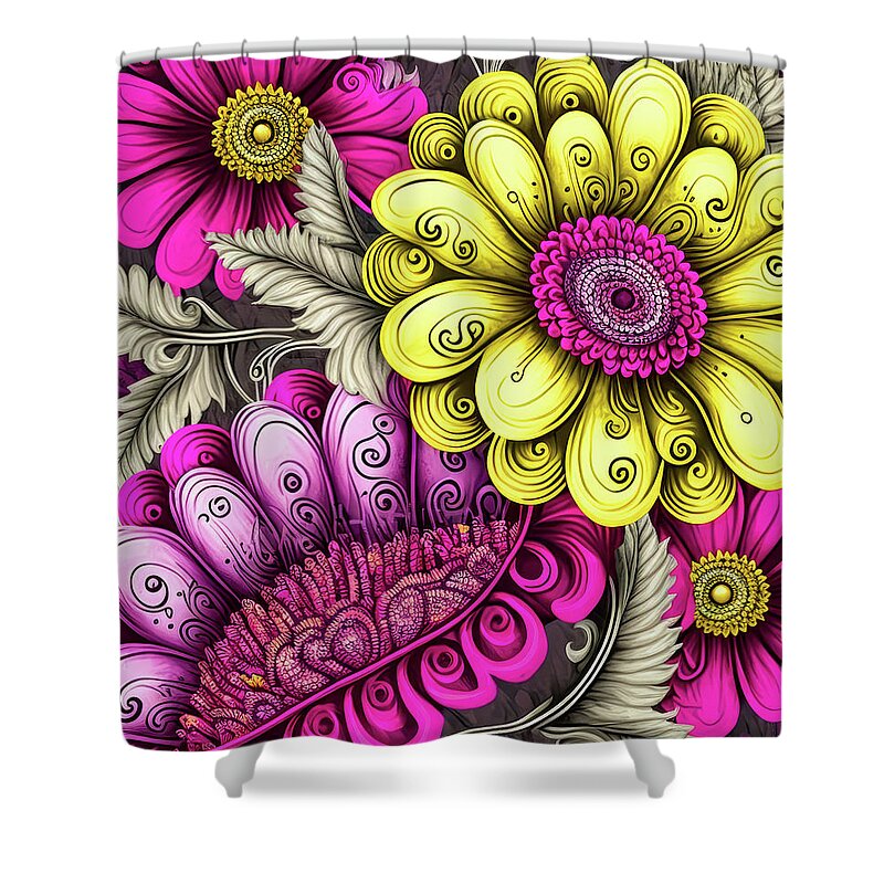 Daisy Flowers Shower Curtain featuring the painting Magenta Lemon Daisies by Tina LeCour