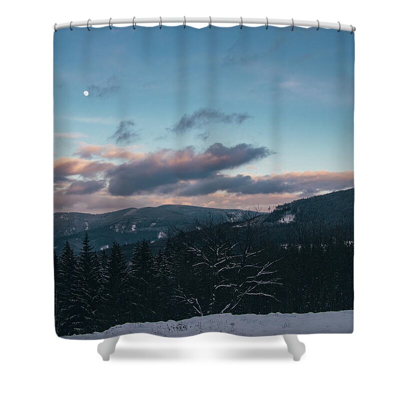 Marvelous Shower Curtain featuring the photograph Magical evening with full moon in the Beskydy by Vaclav Sonnek