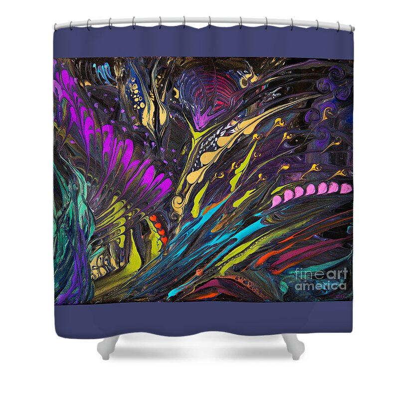 Flowers Foliage Fantasy Colorful Dynamic Mysterious Charming Vibrant Shower Curtain featuring the painting Magical Jungle 7354 by Priscilla Batzell Expressionist Art Studio Gallery