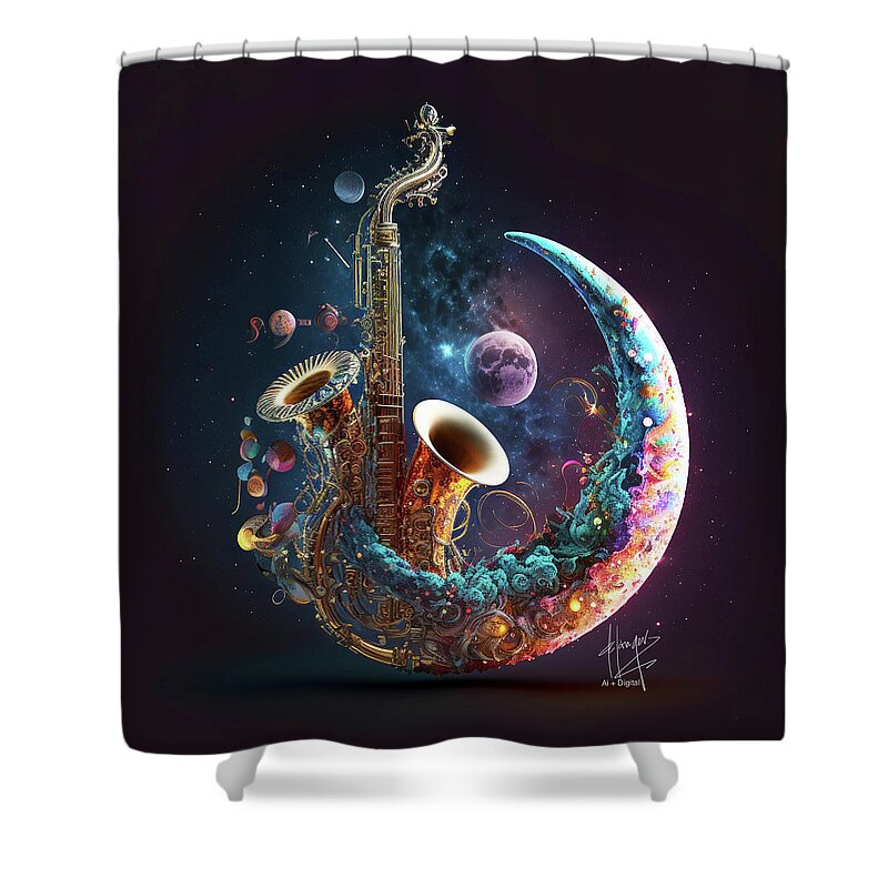 Music Shower Curtain featuring the digital art Magical Musical Moon 12 by DC Langer