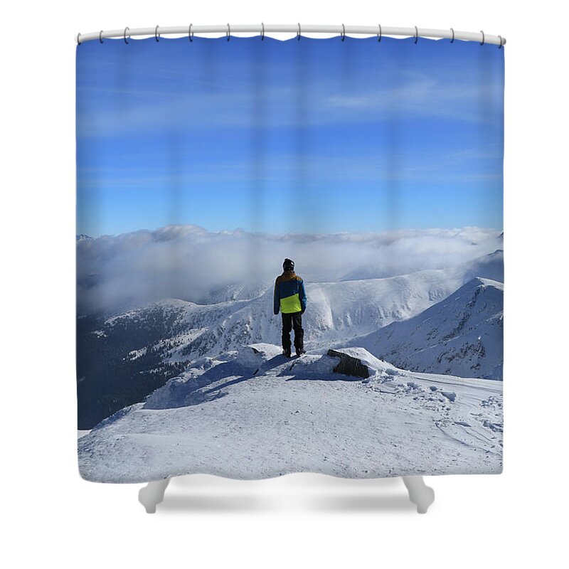 View Shower Curtain featuring the photograph Magical panorama on peak of Chopok with view to High Tatras and Dumbier. Young skier enjoy freedom and paradise looks. Man in colorful ski clothes stand on the edge of mountain and watchs landscape by Vaclav Sonnek