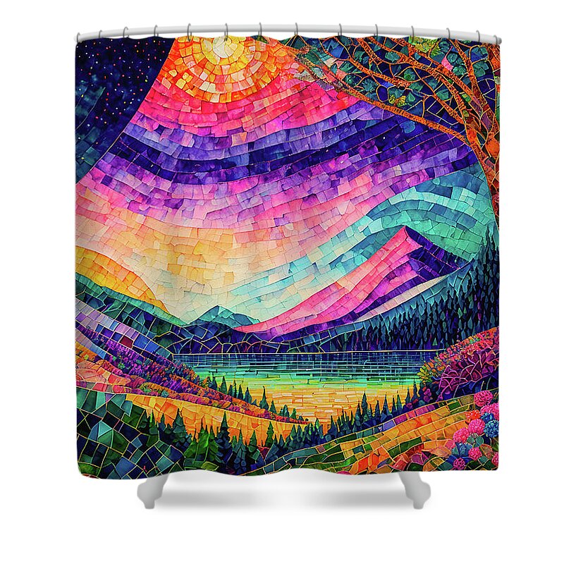 Mosaics Shower Curtain featuring the digital art Magicland Mosaic Landscape by Peggy Collins