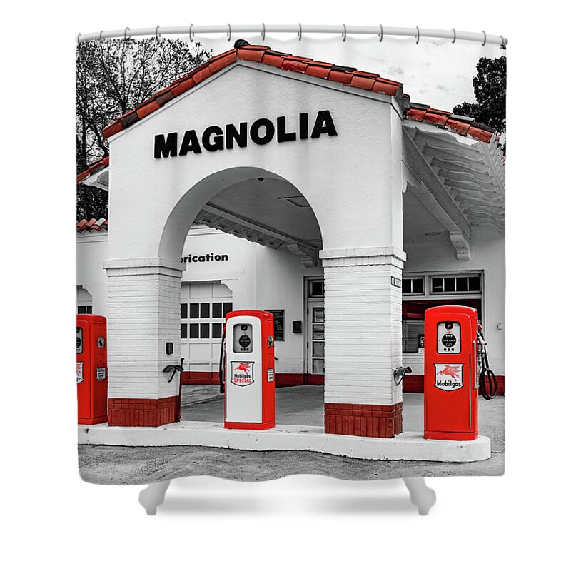 Little Rock Shower Curtain featuring the photograph Magnolia Gas Station In Selective Color - From Gas Pumps To Little Rock History by Gregory Ballos