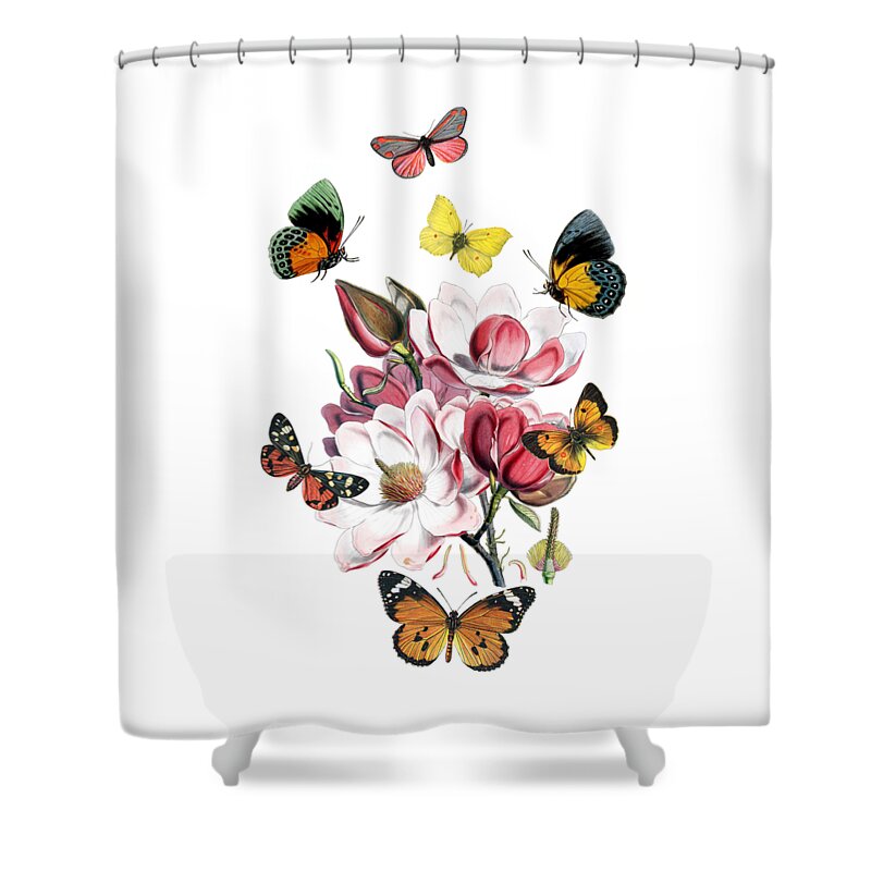 Magnolia Shower Curtain featuring the digital art Magnolia with butterflies by Madame Memento
