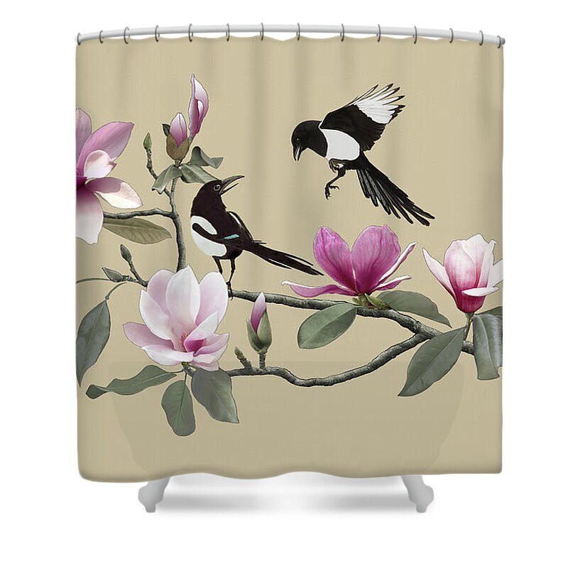 Birds Shower Curtain featuring the digital art Magpies and Pink Magnolia by M Spadecaller