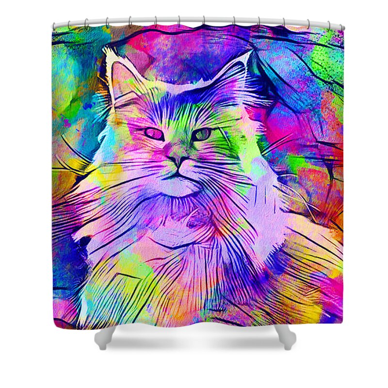 Maine Coon Shower Curtain featuring the digital art Maine Coon cat looking at camera - colorful lines digital painting by Nicko Prints