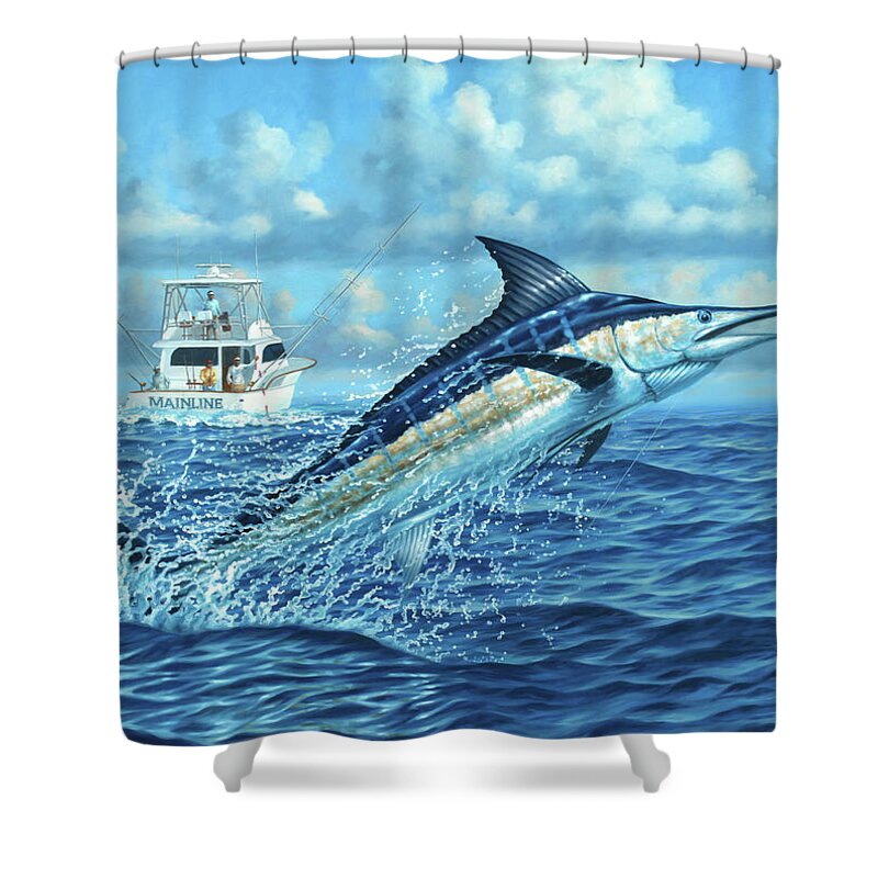 Blue Marlin Paintings Shower Curtain featuring the painting Mainline Hooked Up by Guy Crittenden