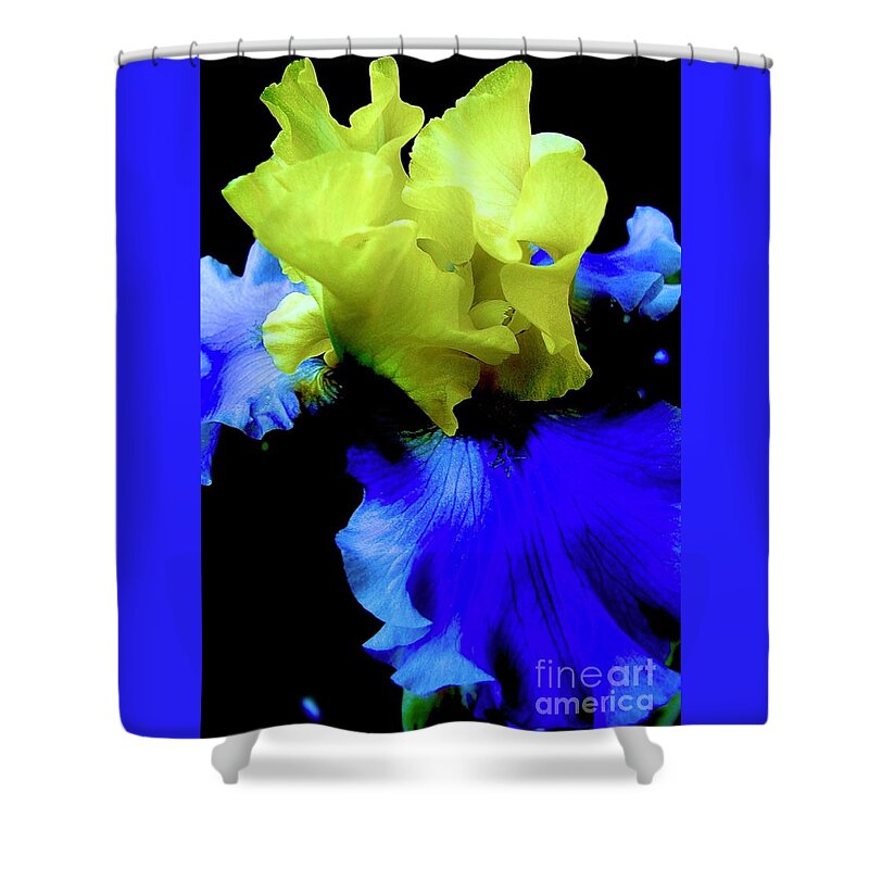 Bearded Iris Shower Curtain featuring the digital art Maize N Blue by Tammy Keyes