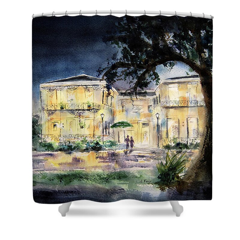 Malaga Inn Shower Curtain featuring the painting Malaga Inn by Jerry Fair