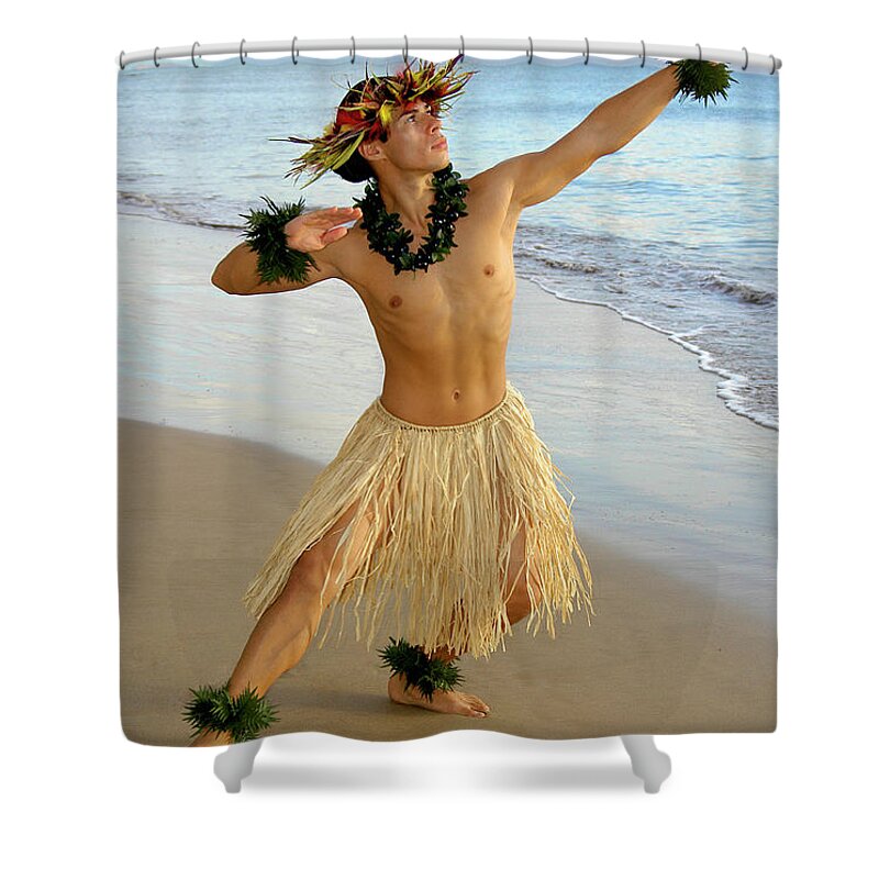 Beach Shower Curtain featuring the photograph Male Hula Dancer performing on the sand by Gunther Allen
