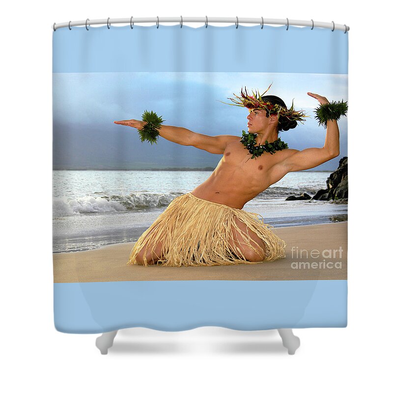 Male Hula Dancer Shower Curtain featuring the photograph Male Hula Dancer performs on the beach.	 by Gunther Allen