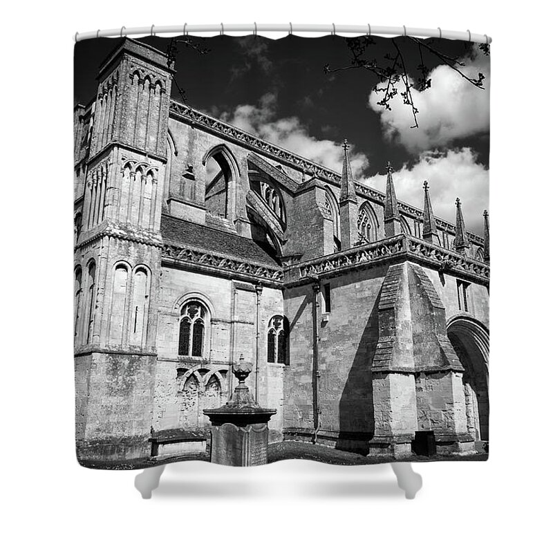 Britain Shower Curtain featuring the photograph Malmesbury Abbey in spring by Seeables Visual Arts