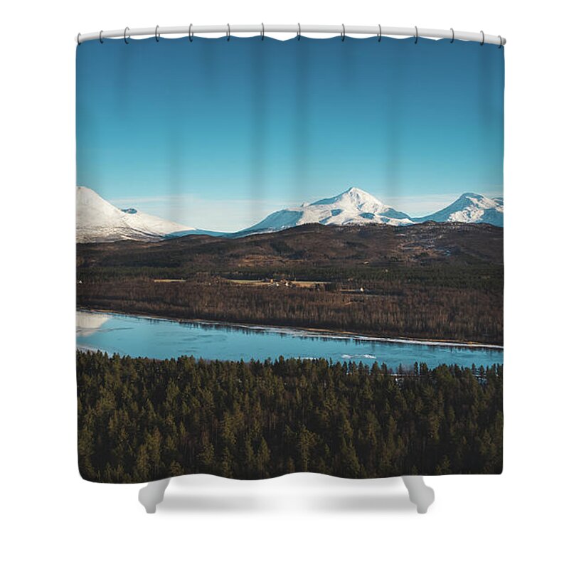Touristic Shower Curtain featuring the photograph Malselva River with a reflection on the snow-covered hills by Vaclav Sonnek
