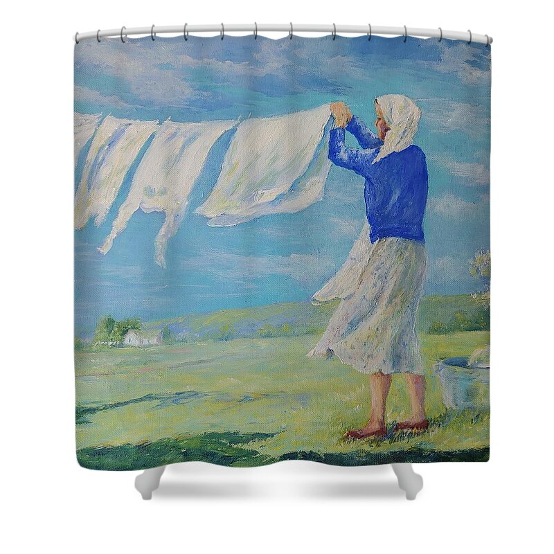 March Shower Curtain featuring the painting Mama, a Strong Sand Mountain Woman by ML McCormick