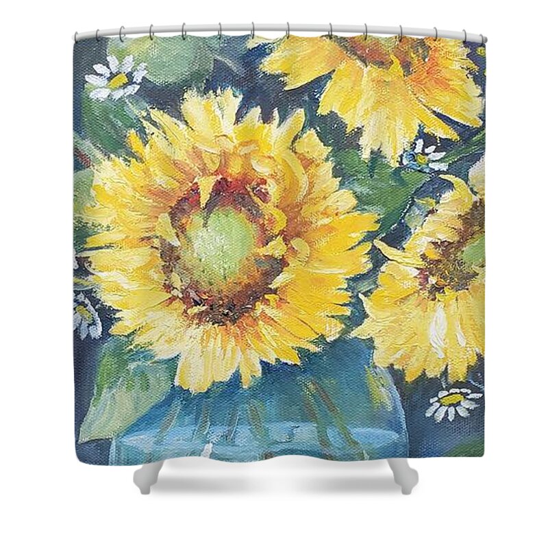 Sunflowers Autumn Coffee Harvest Shower Curtain featuring the painting Mama's Cup with Sunflowers by ML McCormick