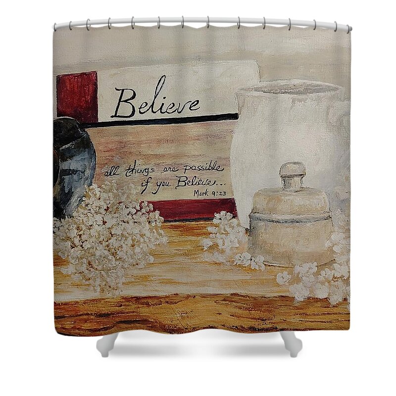 Country Living Shower Curtain featuring the painting Treasures from Mother's Kitchen by ML McCormick