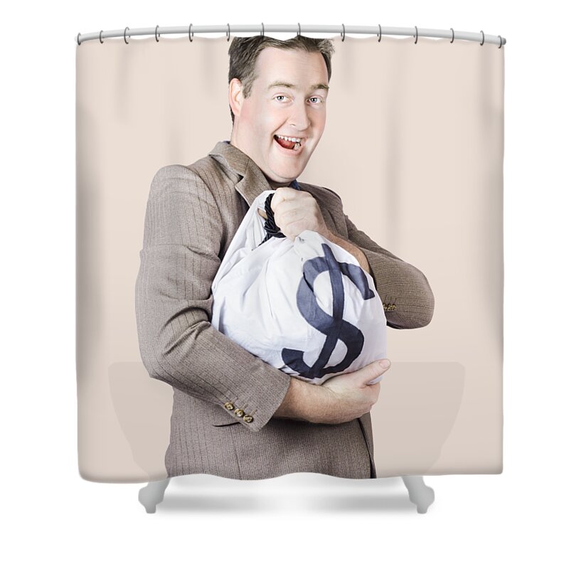Money Shower Curtain featuring the photograph Man holding large sum of money in bank deposit bag by Jorgo Photography