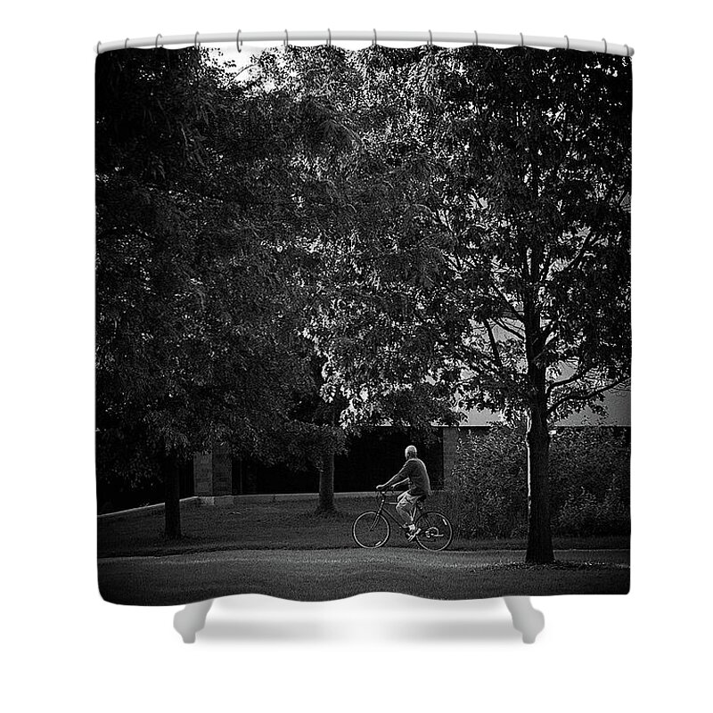 Bicycle Shower Curtain featuring the photograph Man on a Bike Taking a Time Out by Frank J Casella