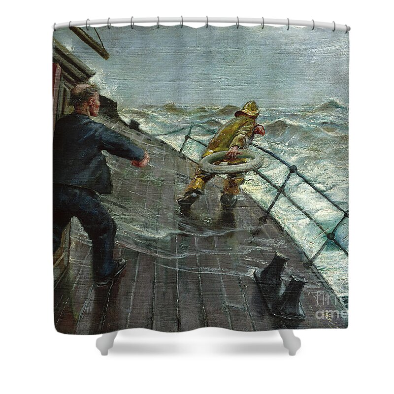 Christian Krohg Shower Curtain featuring the painting Man overboard by O Vaering by Christian Krohg