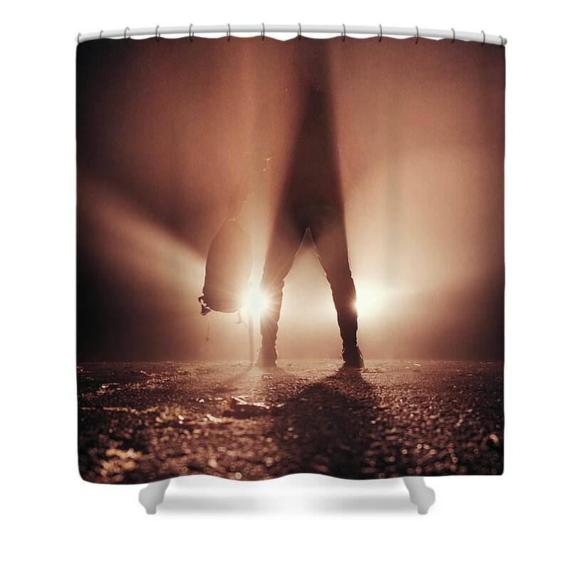 Figure Shower Curtain featuring the photograph Man stands in car lights by Vaclav Sonnek